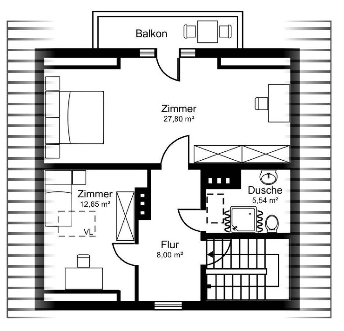 Grundriss des Dachgeschosses mit zwei Zimmern, einem Duschbad und einem weiteren Balkon.