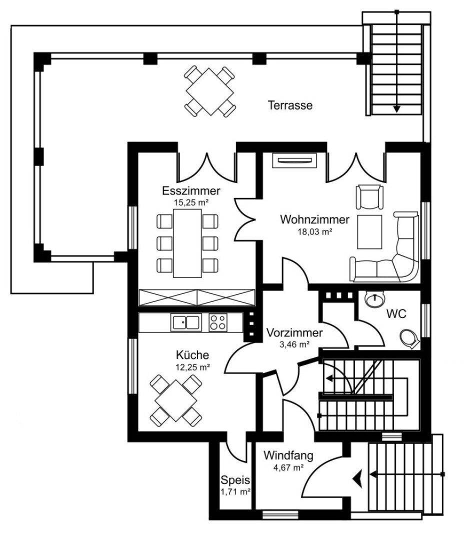 Grundriss des Erdgeschosses mit Küche, Esszimmer, Wohnzimmer, WC und einer großen Terrasse.