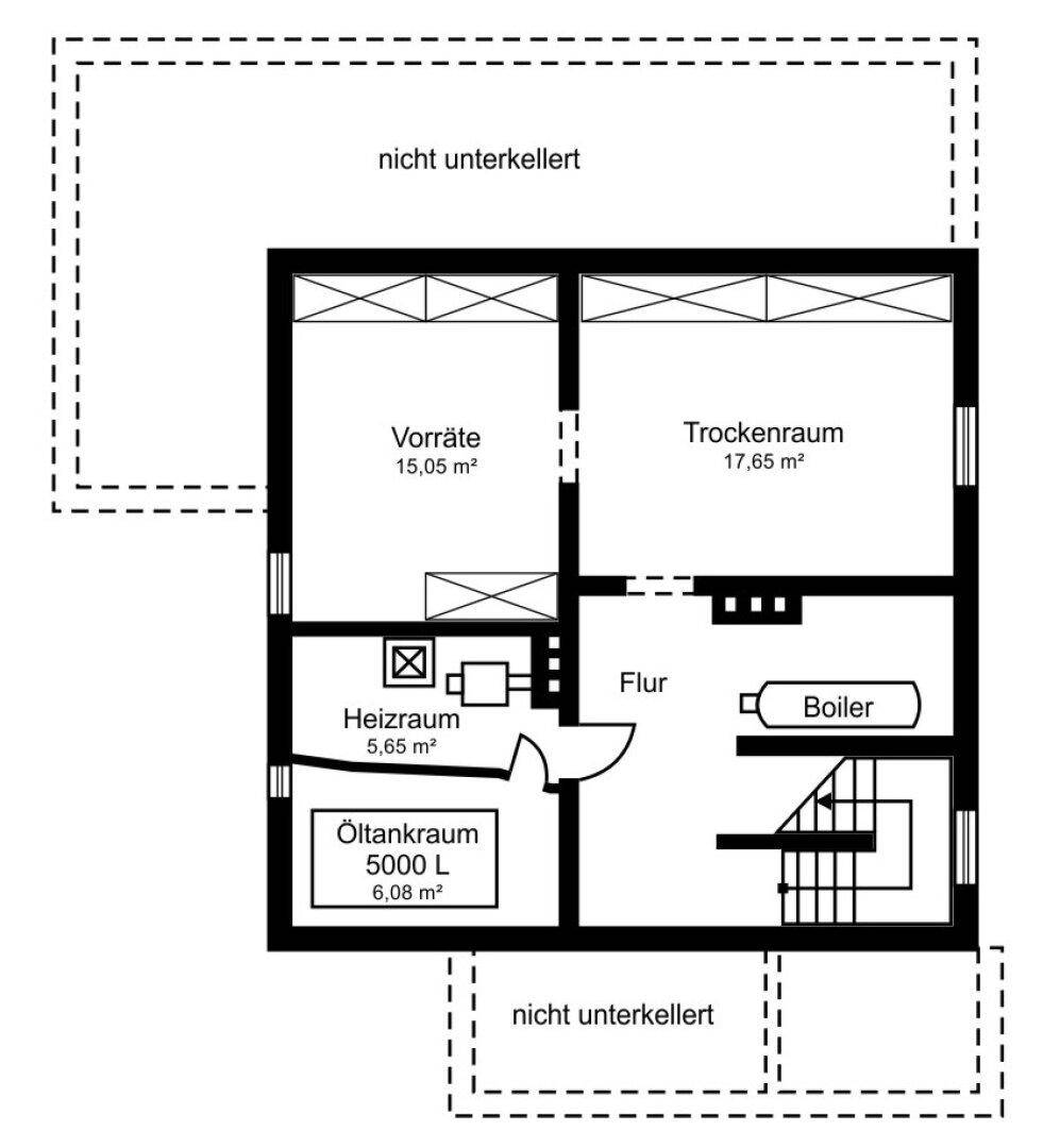 Grundriss des Kellergeschosses mit Vorratsraum, Trockenraum, Heizraum und Öltanklager.