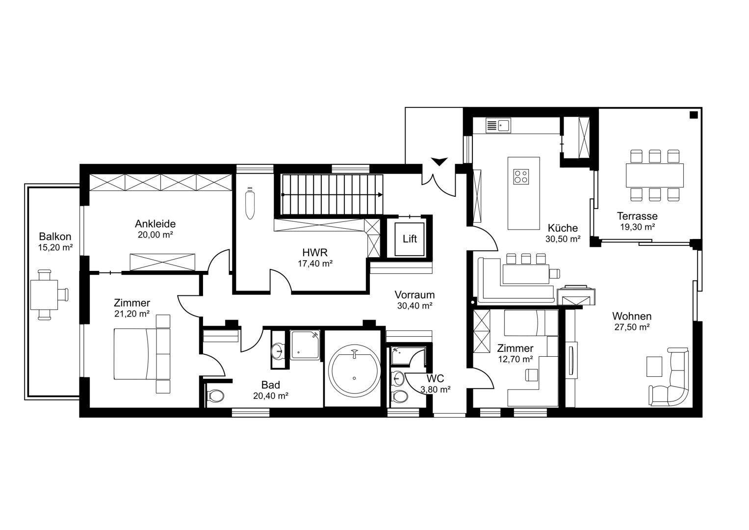 Grundriss der Hauptebene mit Balkon, Terrasse, Küche, Wohnzimmer, Schlafzimmer und Badezimmer.