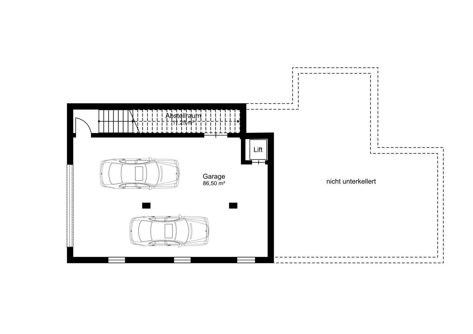 Grundriss des Untergeschosses mit großer Garage für zwei Fahrzeuge, Abstellraum und Aufzug.