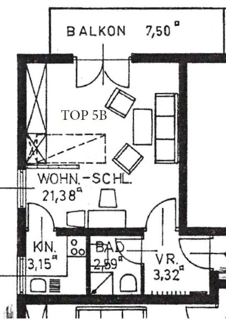 Grundriss einer kleinen Wohnung mit Balkon, Wohn-Schlafbereich und separatem Bad.