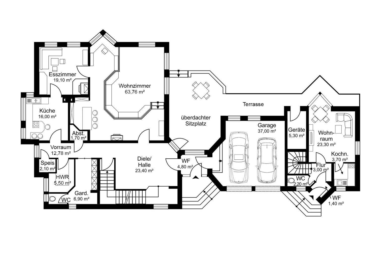 Grundriss des Erdgeschosses mit Wohnzimmer, Küche, Esszimmer und Garage.