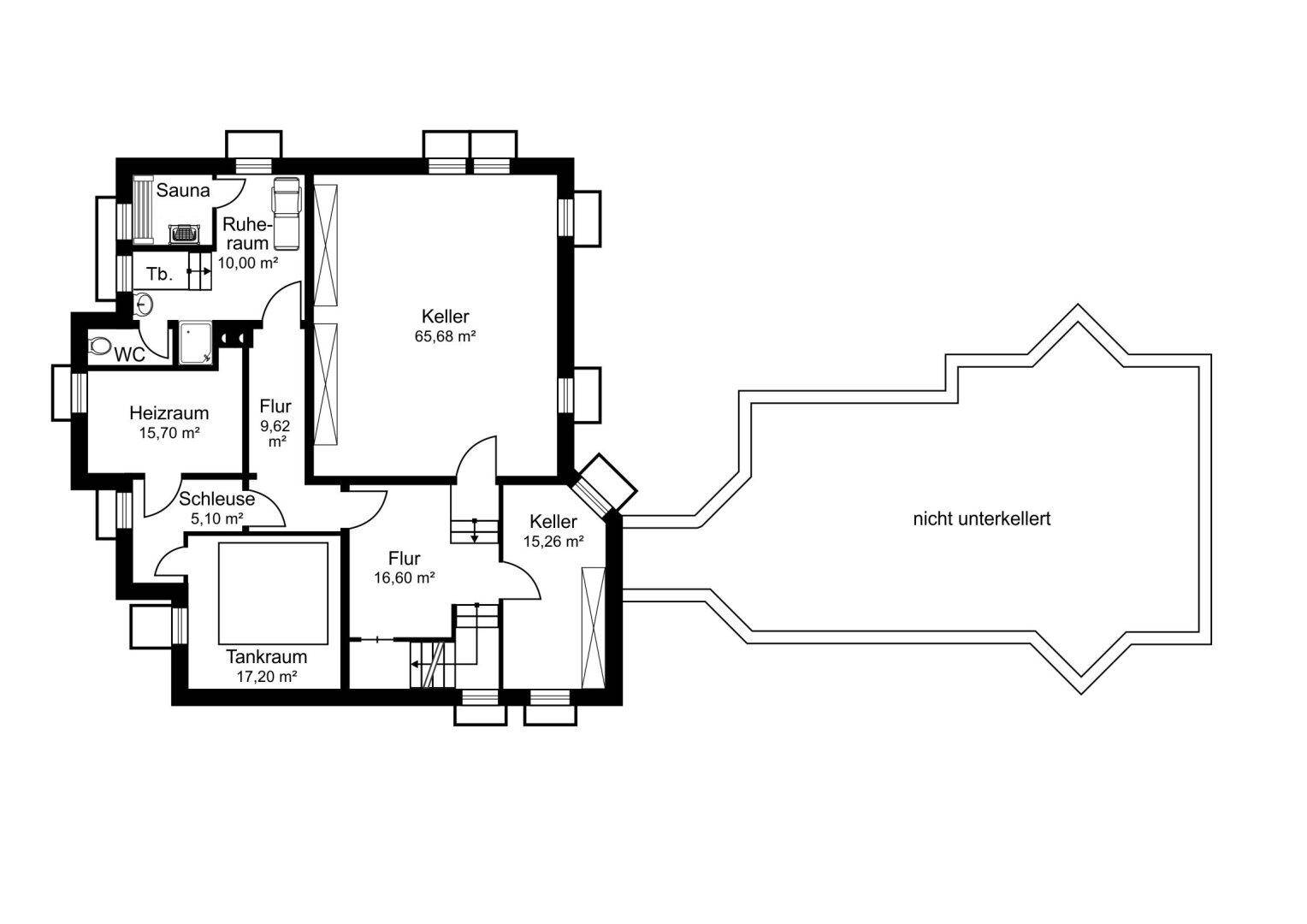 Grundriss des Kellergeschosses mit Sauna, Ruheraum und Technikräumen.