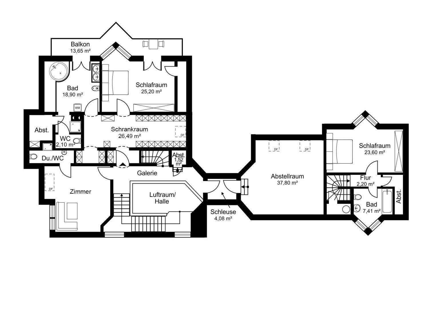Grundriss des Obergeschosses mit Schlafzimmern, Bädern und Balkon.
