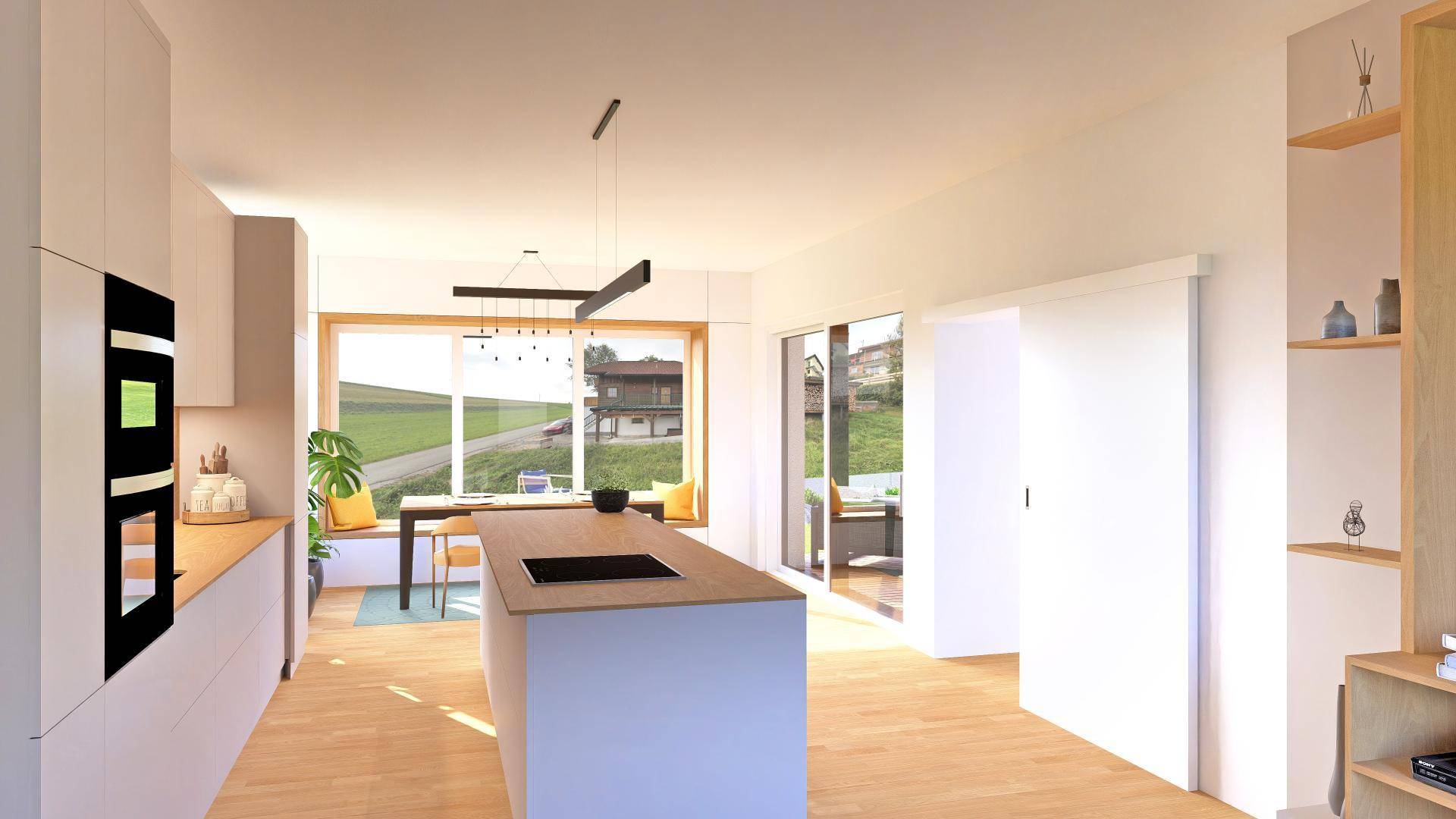 Moderne Küche mit Kochinsel, integriertem Kochfeld und Zugang zur Terrasse durch Schiebetüren.