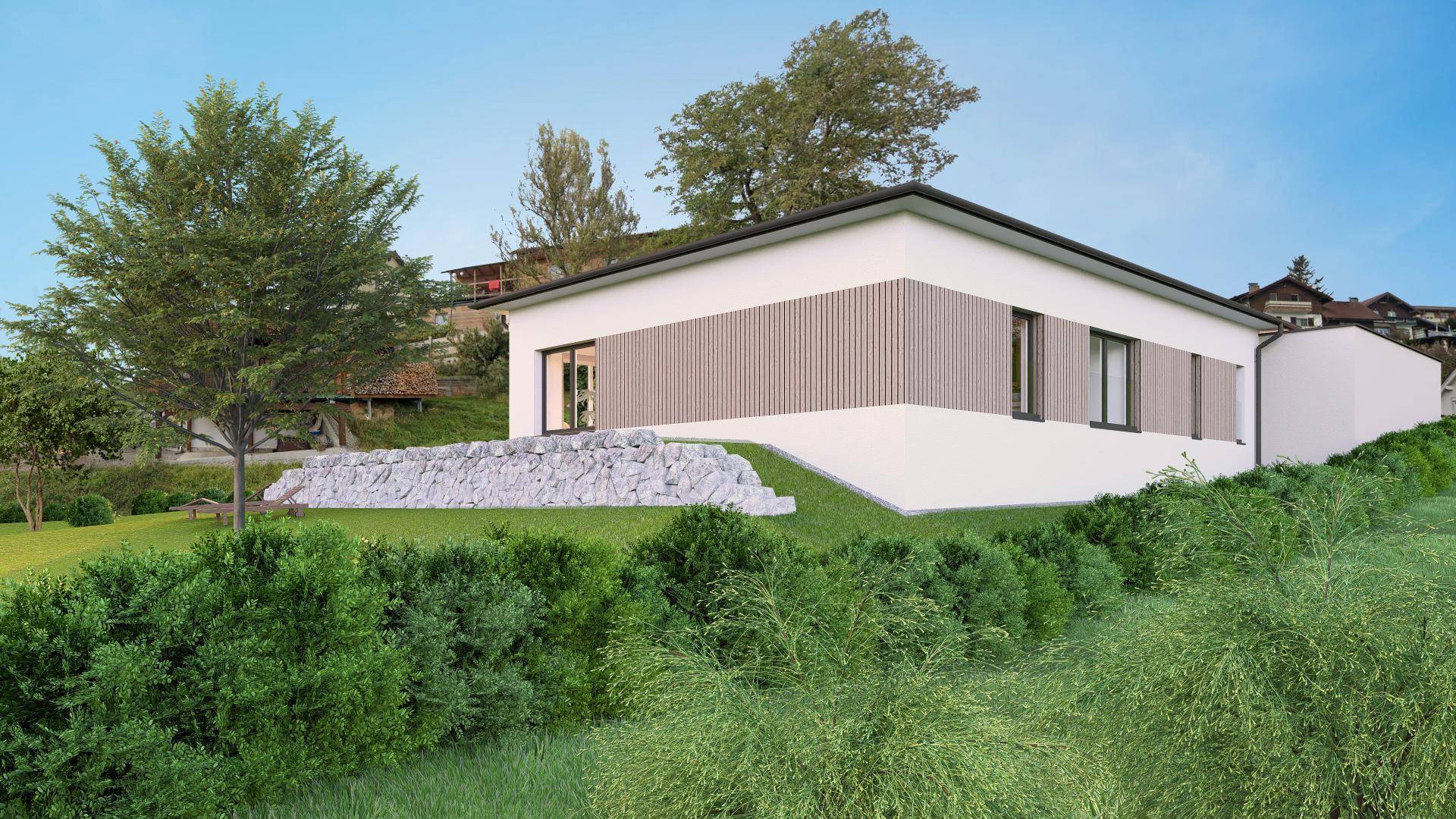 Seitenansicht des modernen Hauses mit Hanglage, begrüntem Garten und dekorativer Felsengestaltung.