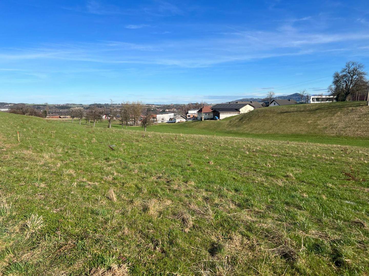 Offene grüne Fläche mit Blick auf eine Siedlung und bewaldete Hügel unter blauem Himmel.