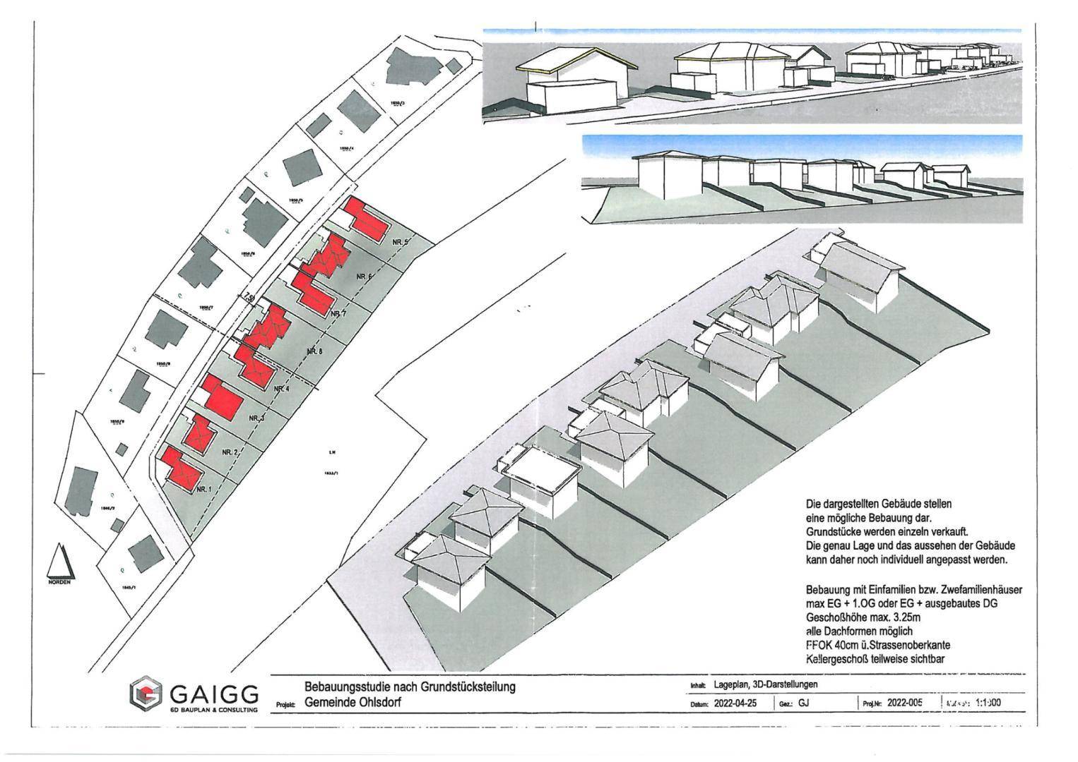 Bebauungsstudie mit Lageplan und 3D-Darstellungen für Einfamilienhäuser in Ortsdorf.