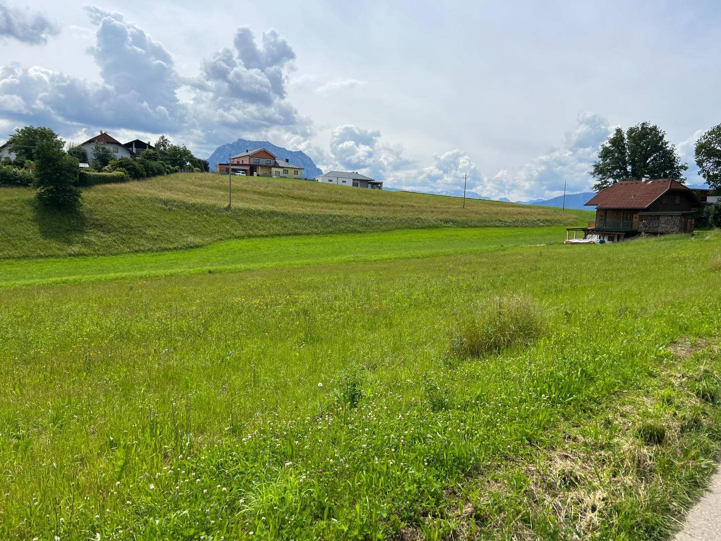 Weitläufiges grünes Feld mit einem Haus und Bergen im Hintergrund unter bewölktem Himmel.