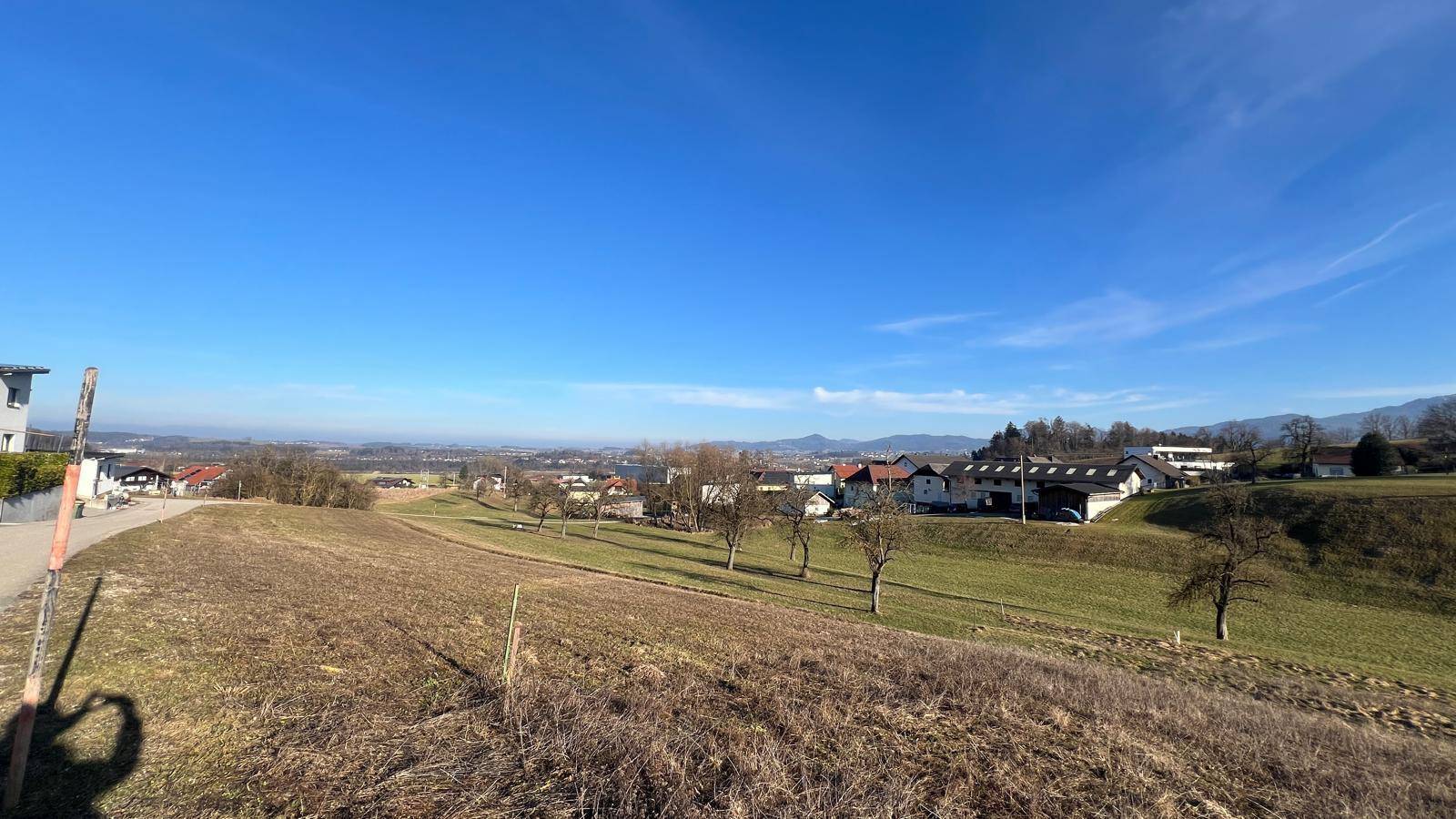 Weitläufige Landschaft mit Feldern, vereinzelten Bäumen und einem weiten Blick in die Ferne.