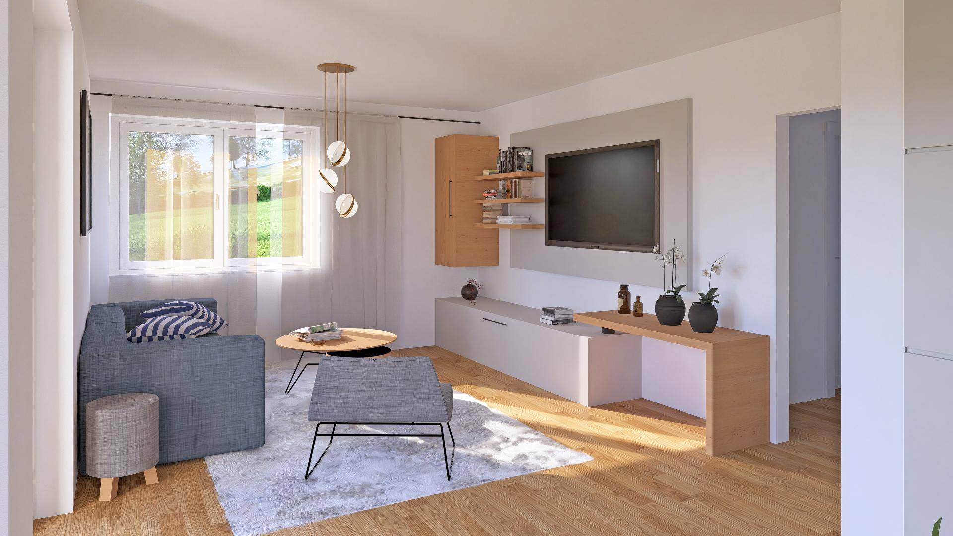 Gemütliches Wohnzimmer mit Holzboden, modernem Mobiliar und großem Fenster mit Blick ins Grüne.