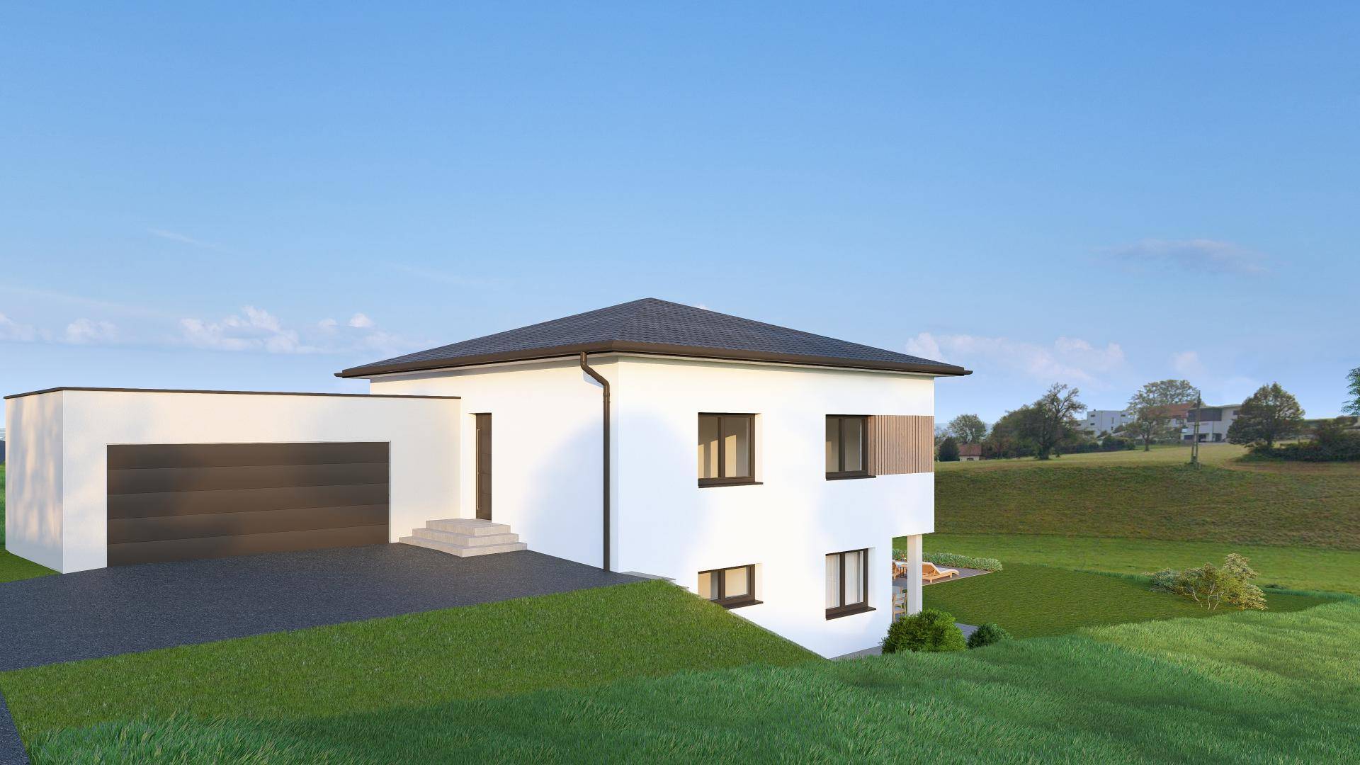 Moderne Hausvisualisierung mit integrierter Garage und dunklem Satteldach in ländlicher Umgebung.