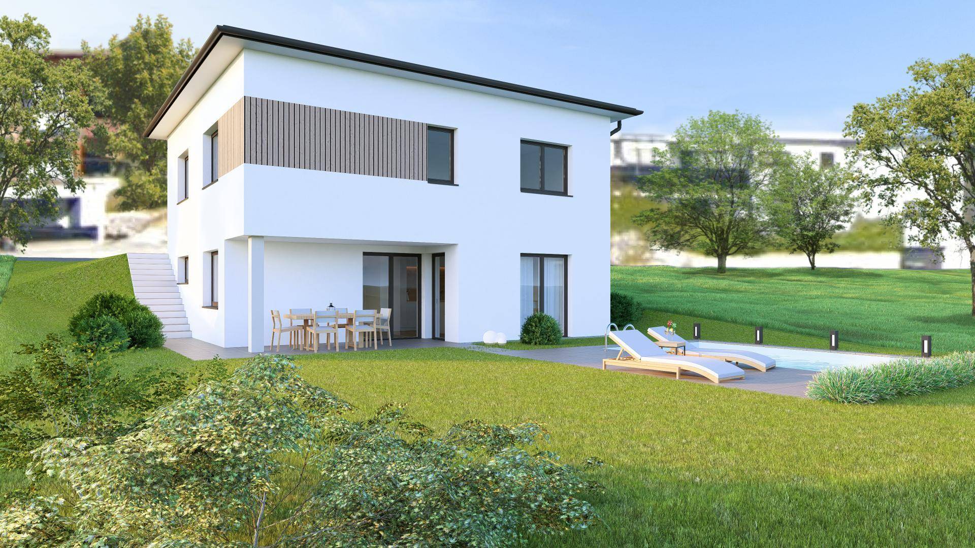 Visualisierung eines modernen Hauses mit Terrasse, Poolbereich und weitläufigem Garten unter blauem Himmel.