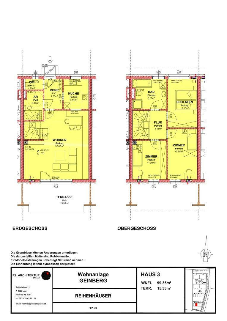 Grundriss des Erd- und Obergeschosses mit Wohn-, Schlaf- und Sanitärbereichen.