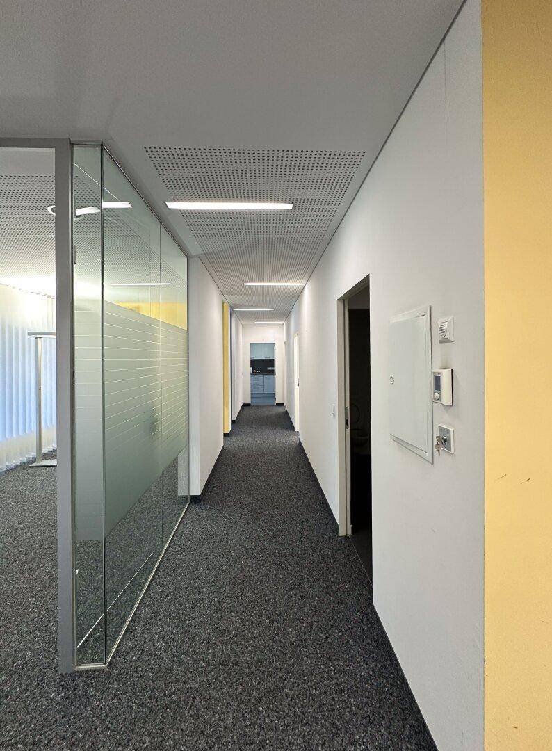 Langer Flur mit Teppichboden, Glaswänden und moderner Deckenbeleuchtung, verbindet verschiedene Bereiche.
