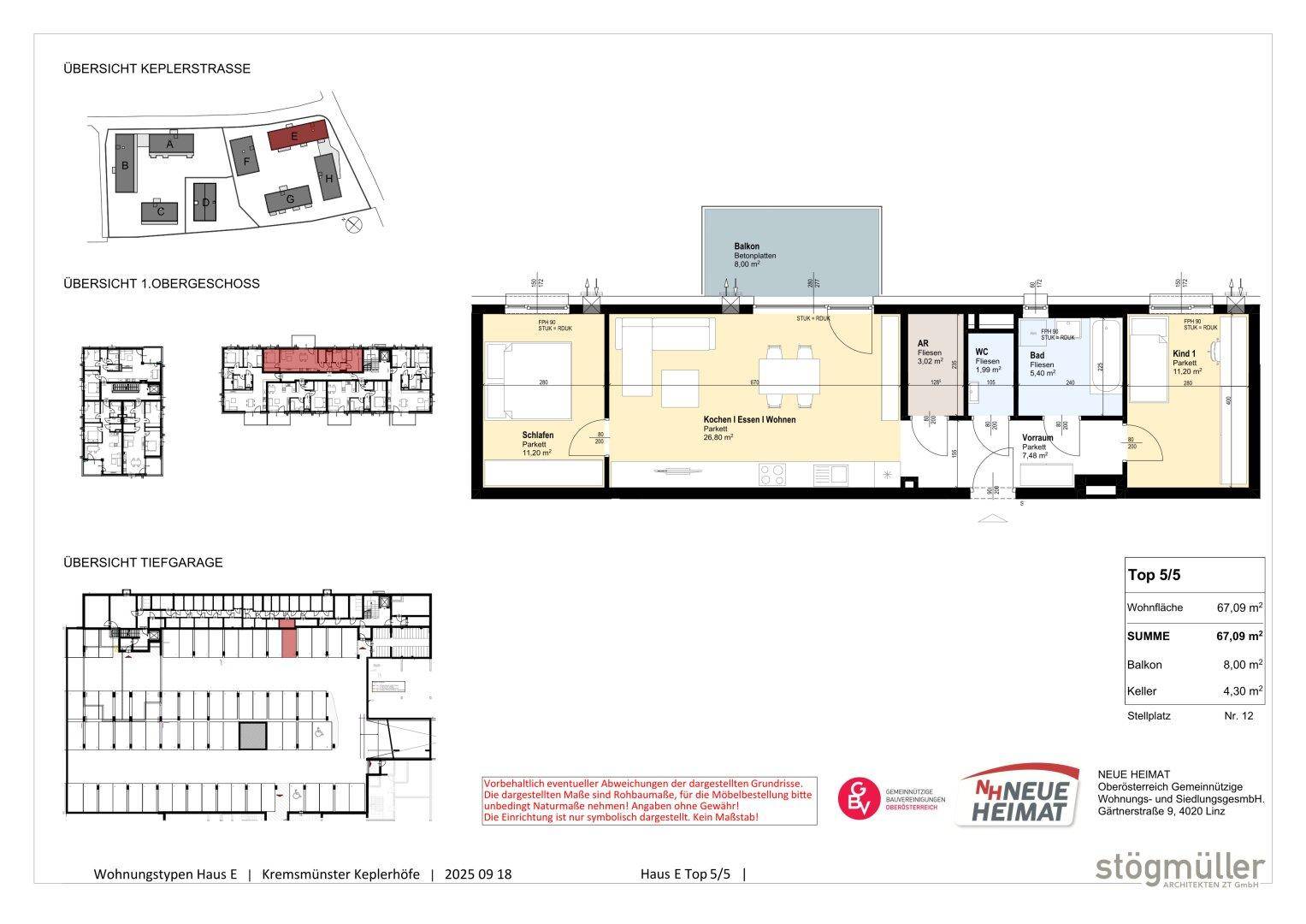 Detaillierter Grundriss der Wohnung Top 5/5 mit Übersicht über das Gebäude und die Tiefgarage.
