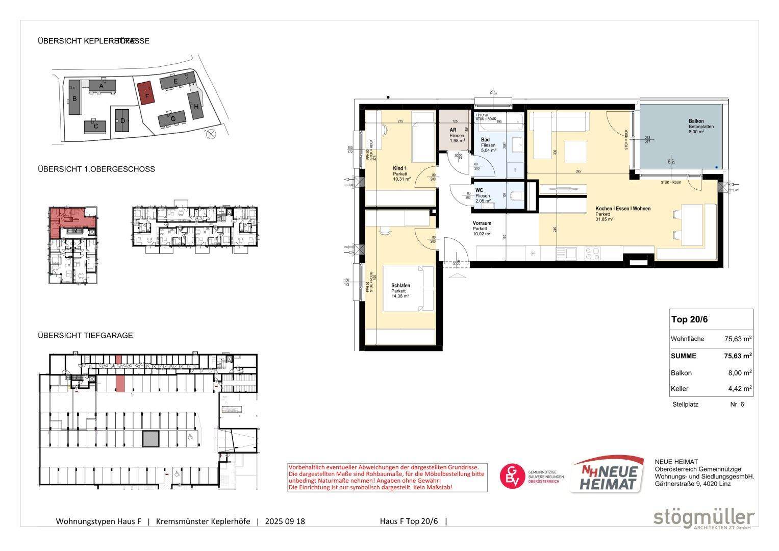 Detaillierter Grundriss für Wohnung Top 20/6 mit Wohnfläche, Balkon und Kellerabteil.