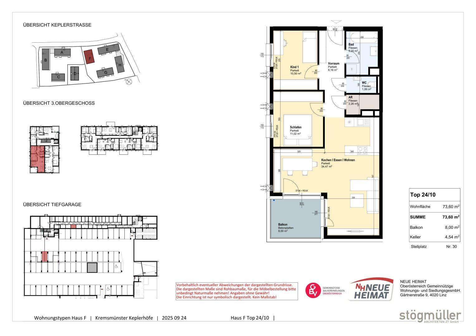 Detaillierter Grundriss einer Wohnung mit Balkon und Tiefgaragenübersicht.