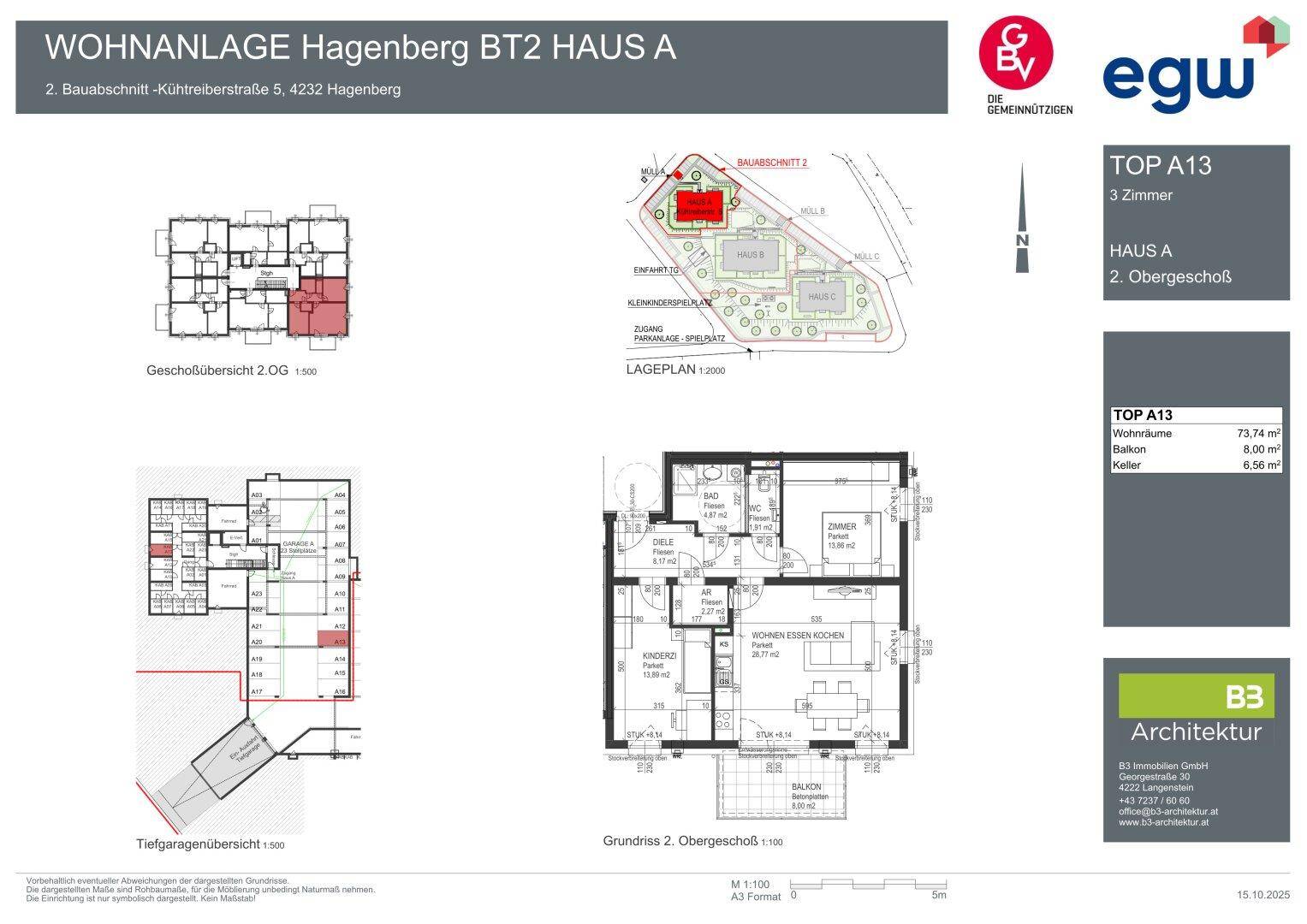 Grundrissplan einer 3-Zimmer-Wohnung im 2. Obergeschoss mit Balkon und Kellerabteil.