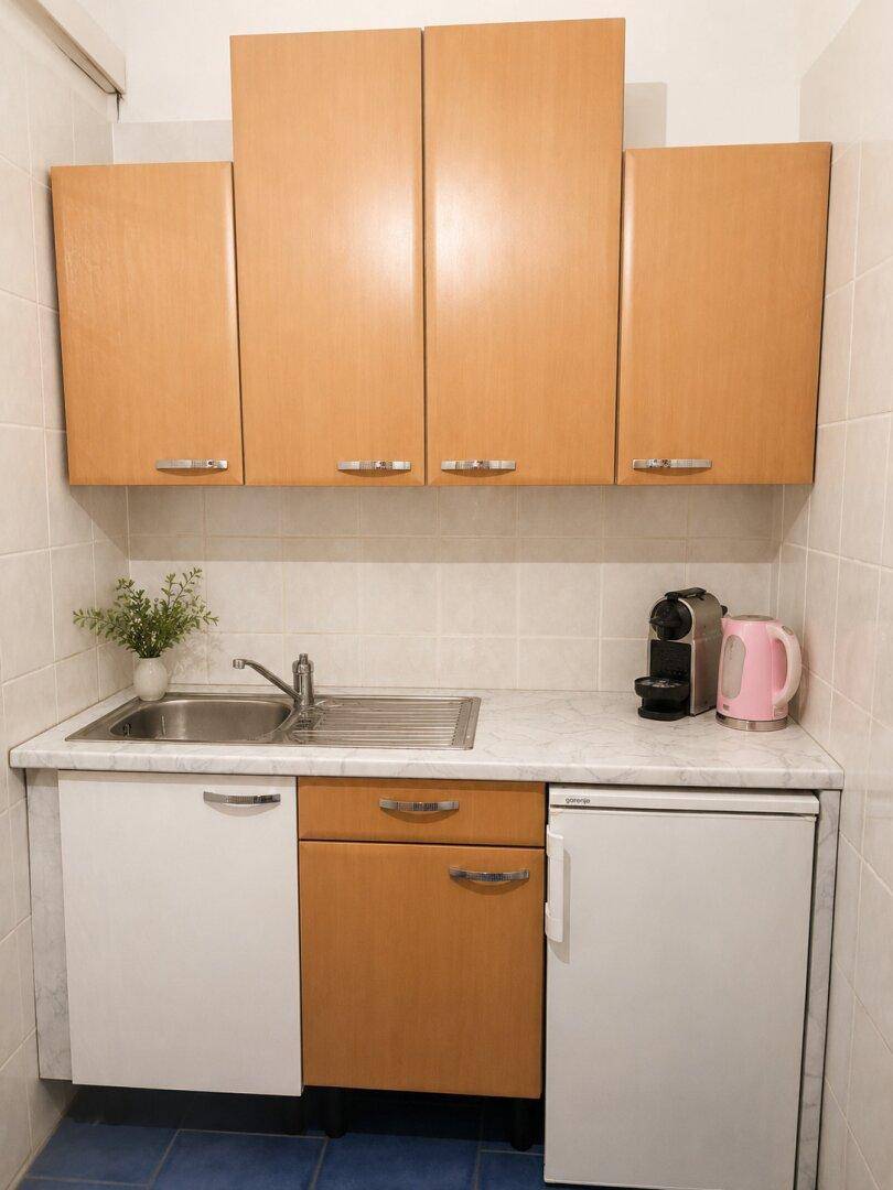 Kleine Küchenzeile mit hellen Holzschränken, Spüle, Kühlschrank und Kaffeemaschine.