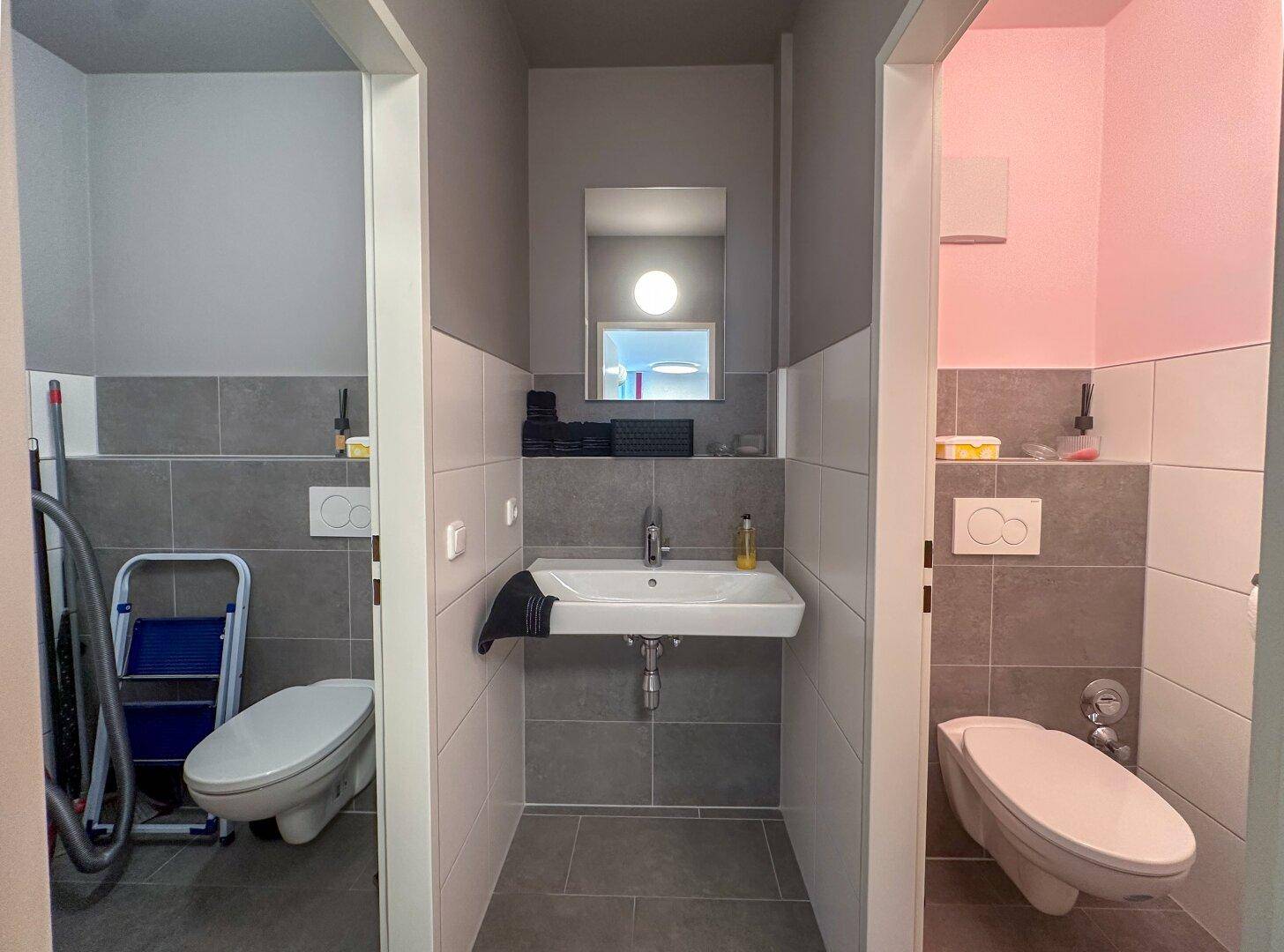 Zwei separate Toilettenräume mit modernen Fliesen, Waschbecken und Spiegel.