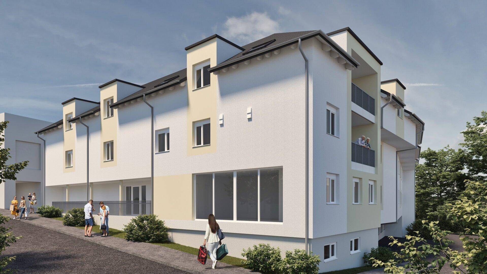 Rendering eines modernen Wohngebäudes mit weißer Fassade, Balkonen und großen Fenstern.
