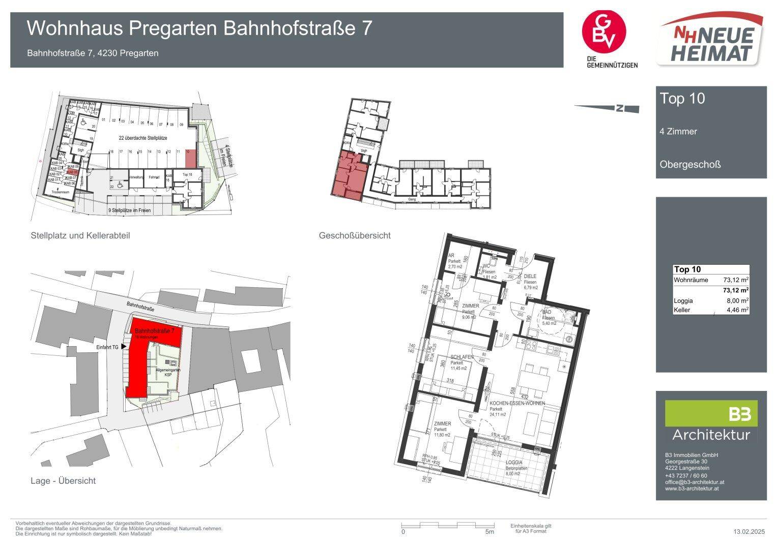 Übersicht der Grundrisse und Lagepläne für ein Wohnhaus mit 4-Zimmer-Wohnungen und Kellerabteilen.