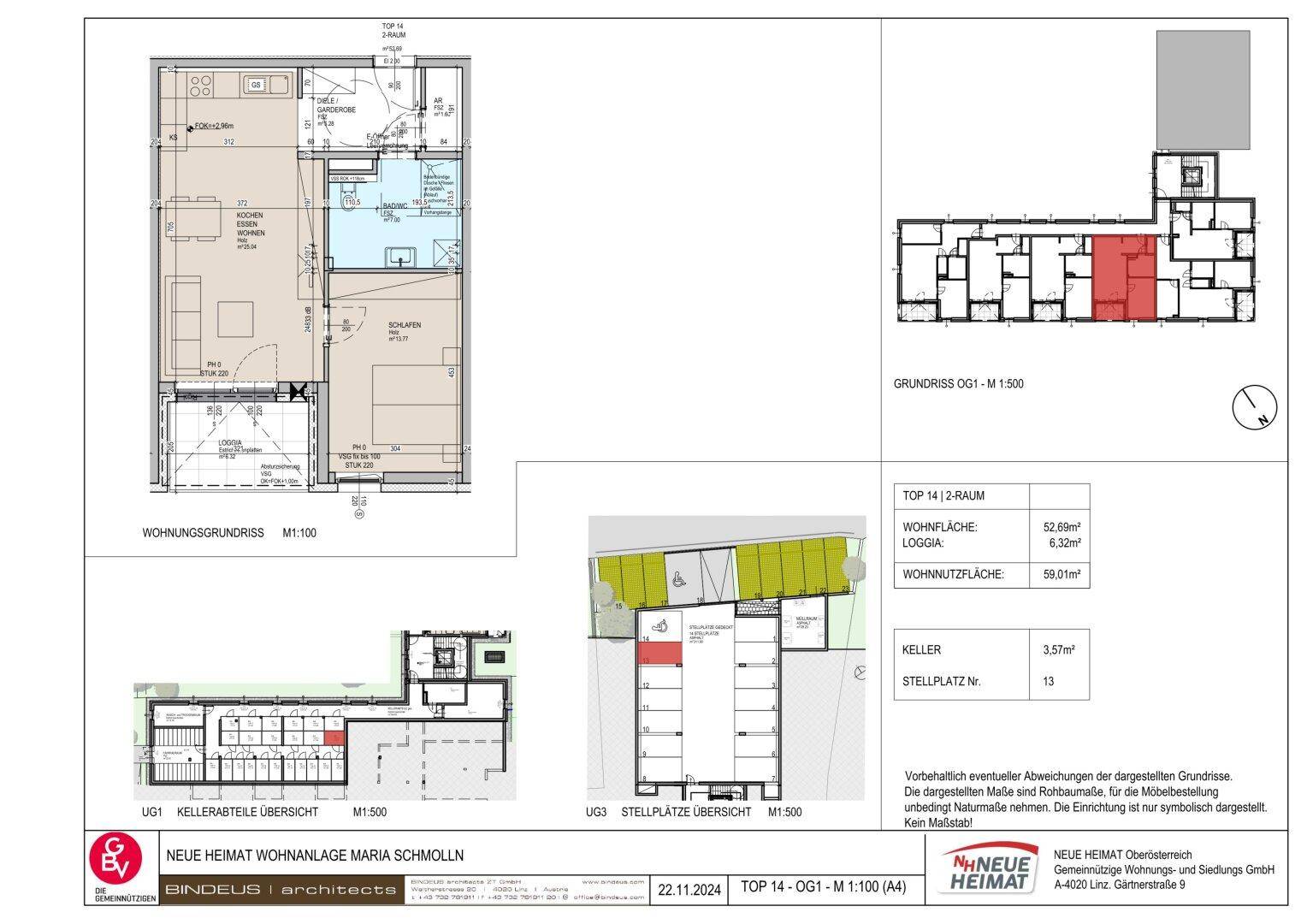 Detaillierter Grundriss einer Wohnung mit Loggia, Kellerabteil und Stellplatzübersicht.