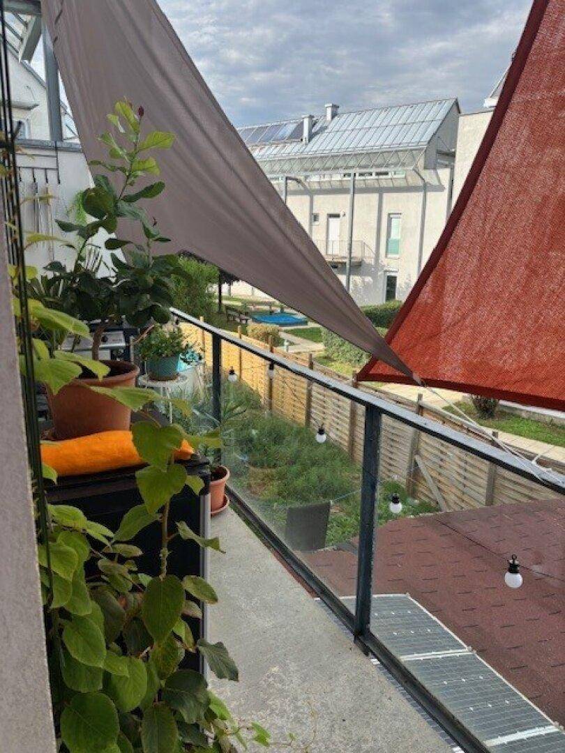 Balkon mit Pflanzen, Sonnensegeln und Blick auf die Nachbarschaft mit einem kleinen Pool.