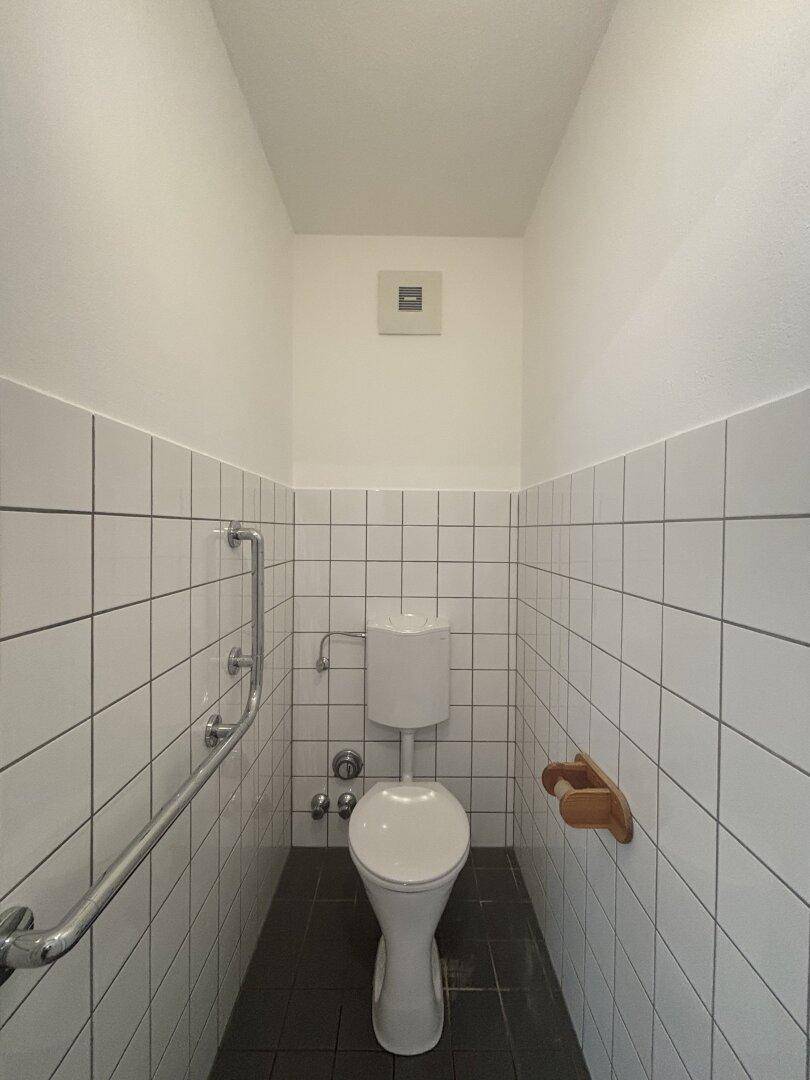 Separate Toilette mit weißen Fliesen, WC und Haltegriffen für zusätzliche Unterstützung.