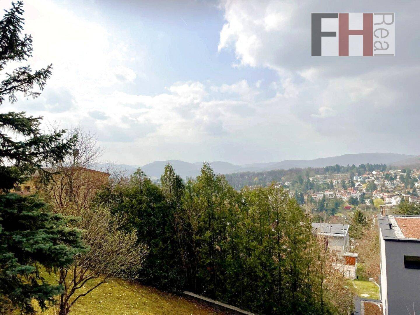 Ausblick auf die bewaldete Hügellandschaft und die Dächer der umliegenden Häuser unter hellem Himmel.