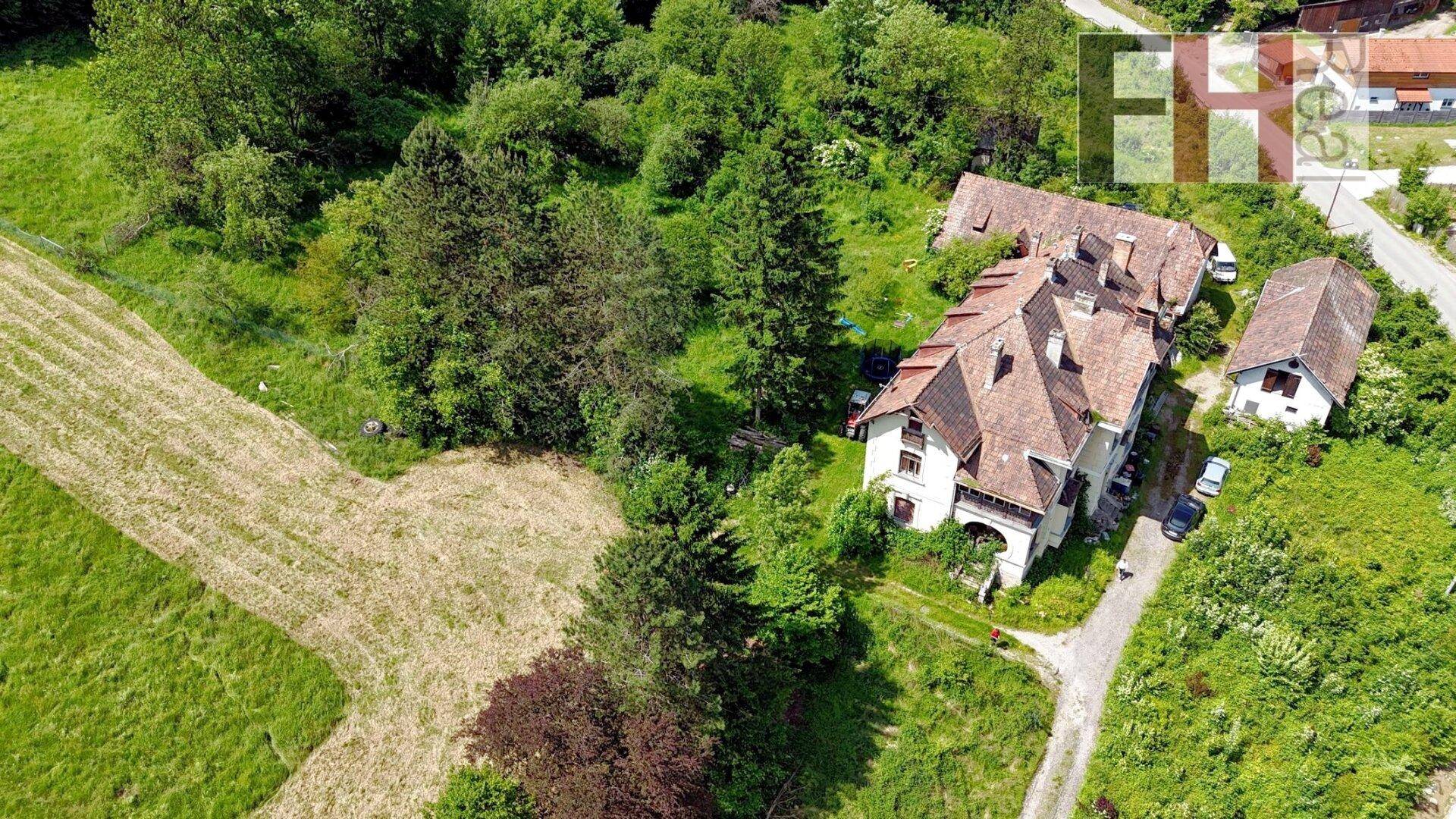 Weitläufige Luftaufnahme des Anwesens mit Hauptgebäude und Nebengebäuden in grüner Umgebung.