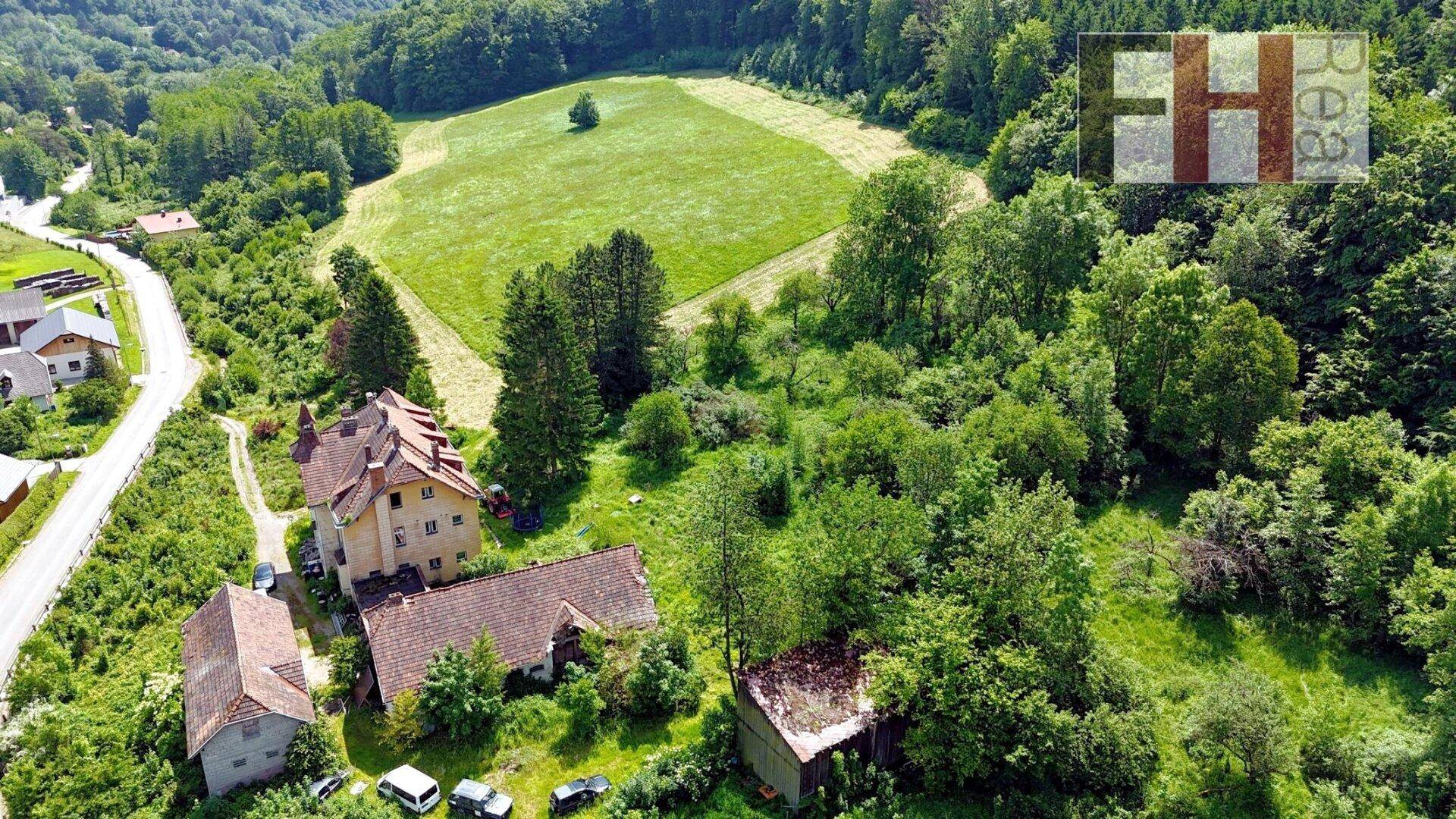 Luftaufnahme des historischen Anwesens mit angrenzenden Feldern und einem Teil des Dorfes.