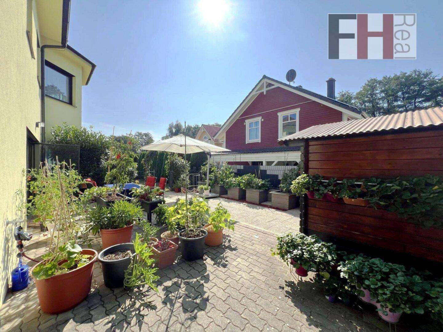 Sonniger Außenbereich mit zahlreichen Topfpflanzen, Sitzgelegenheiten und Blick auf ein charmantes rotes Haus.