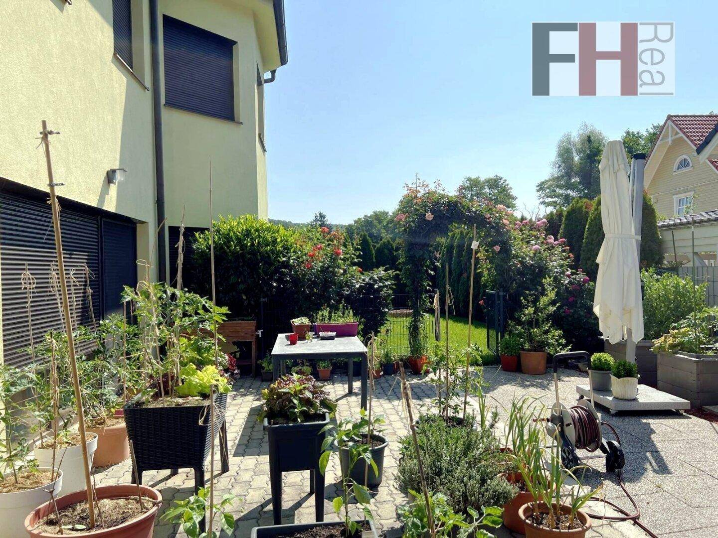 Sonniger Terrassenbereich mit zahlreichen Topfpflanzen und Blick auf einen blühenden Rosengarten.