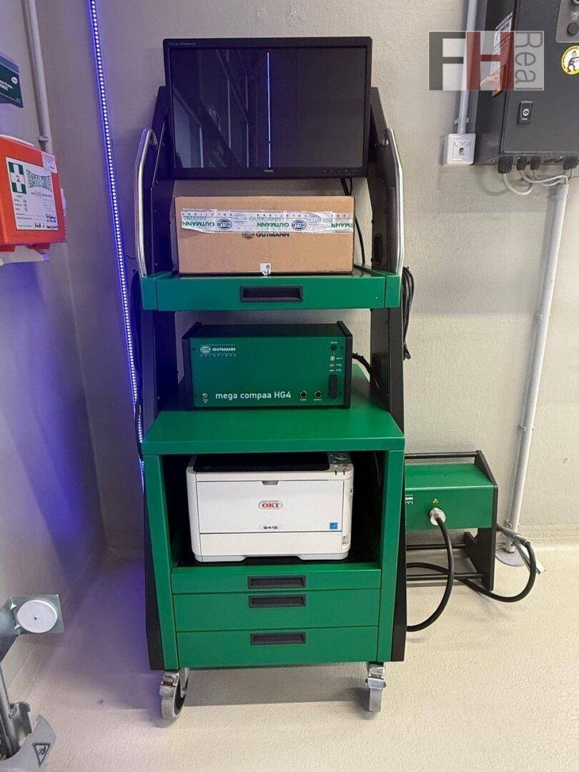 Grüner Diagnoseständer mit Monitor, Drucker und weiteren Geräten für die Fahrzeuganalyse in einer professionellen Werkstattumgebung.