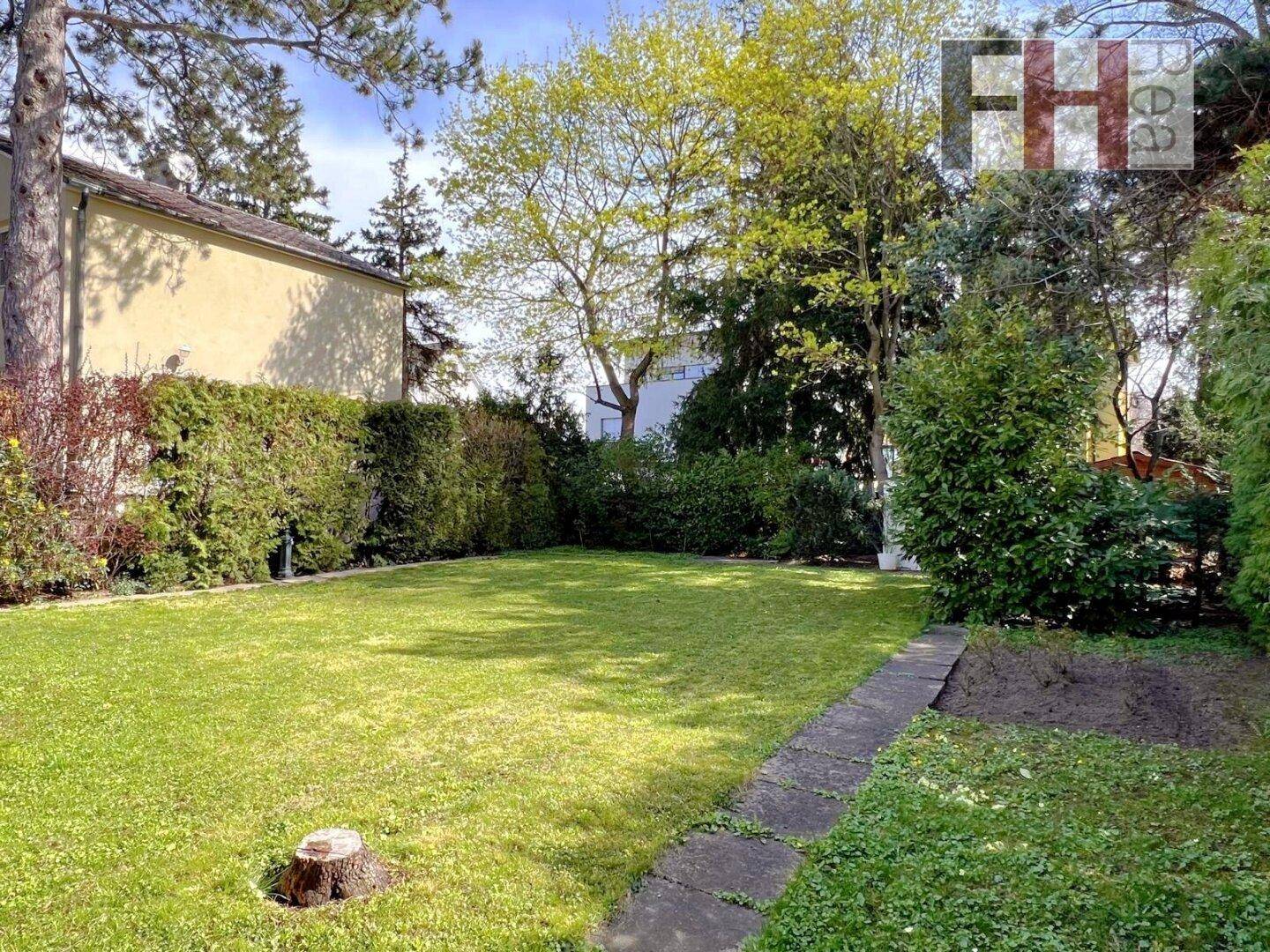 Große, gepflegte Rasenfläche im Garten mit umgebenden Hecken und Bäumen.