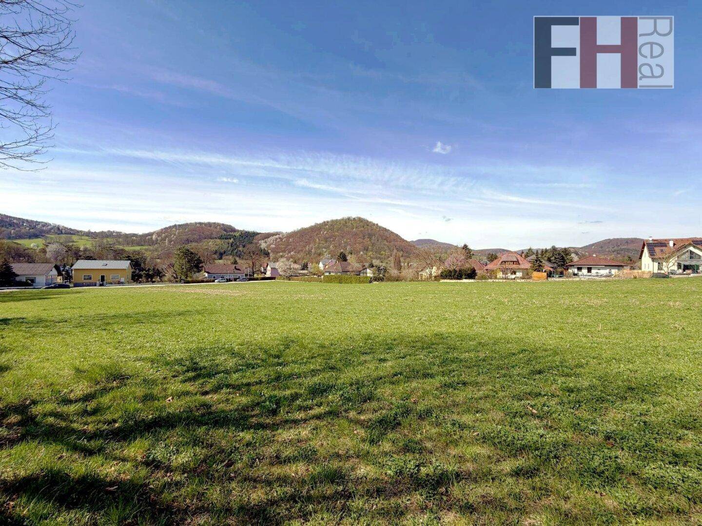 Panoramablick über ein weites grünes Feld mit vereinzelten Häusern und sanften Hügeln.