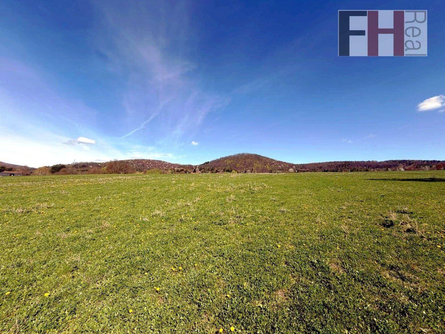 Offene grüne Landschaft mit weitem Blick auf bewaldete Hügel unter einem klaren Himmel.
