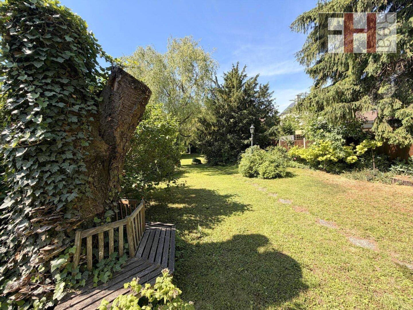 Idyllischer Gartenbereich mit Holzbank unter einem großen Baum und viel Grün.