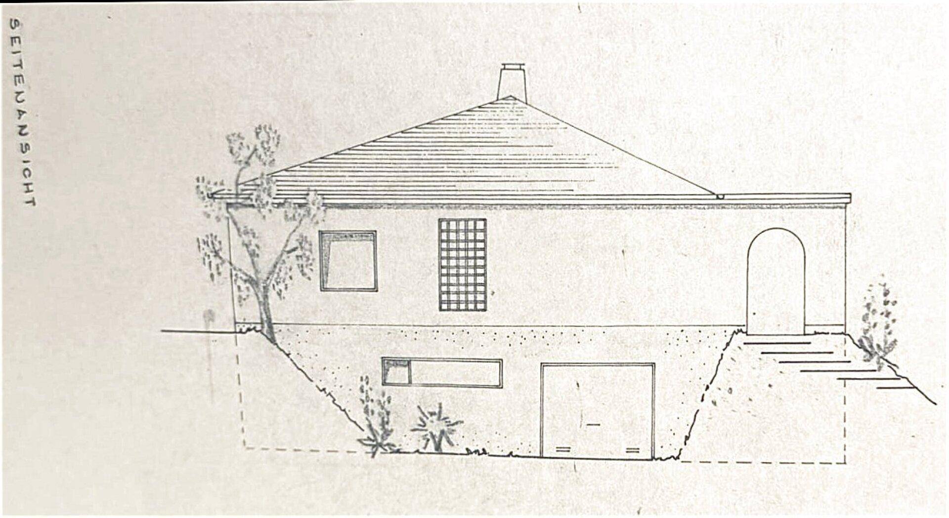 Architektonische Zeichnung der Seitenansicht eines Hauses mit Garagentor und Treppenzugang.