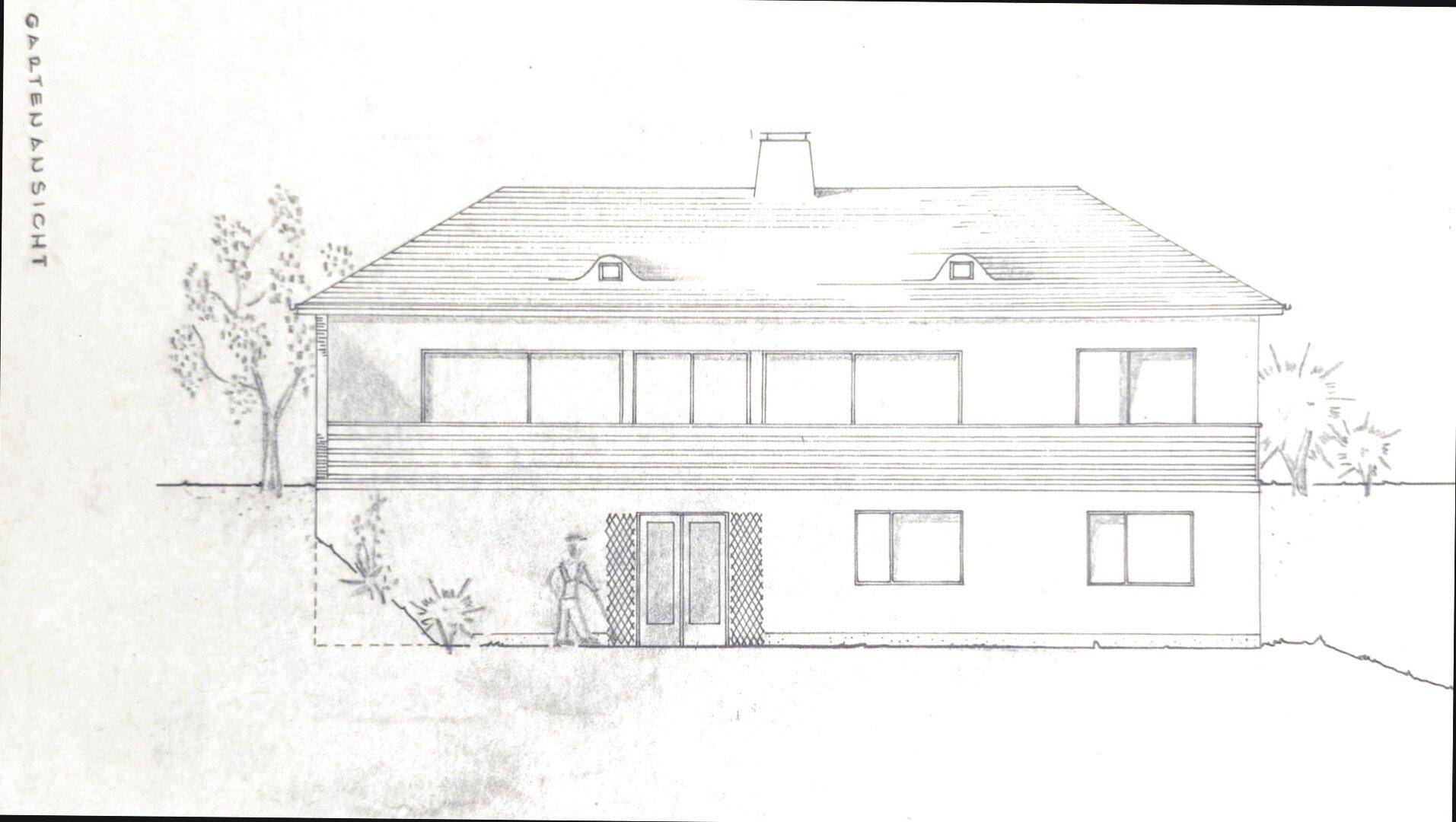 Architektonische Zeichnung der Gartenansicht eines Hauses mit Balkon und Dachgauben.