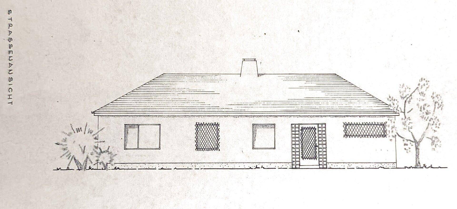 Architektonische Zeichnung der Straßenansicht eines Einfamilienhauses mit Satteldach und kleinen Fenstern.