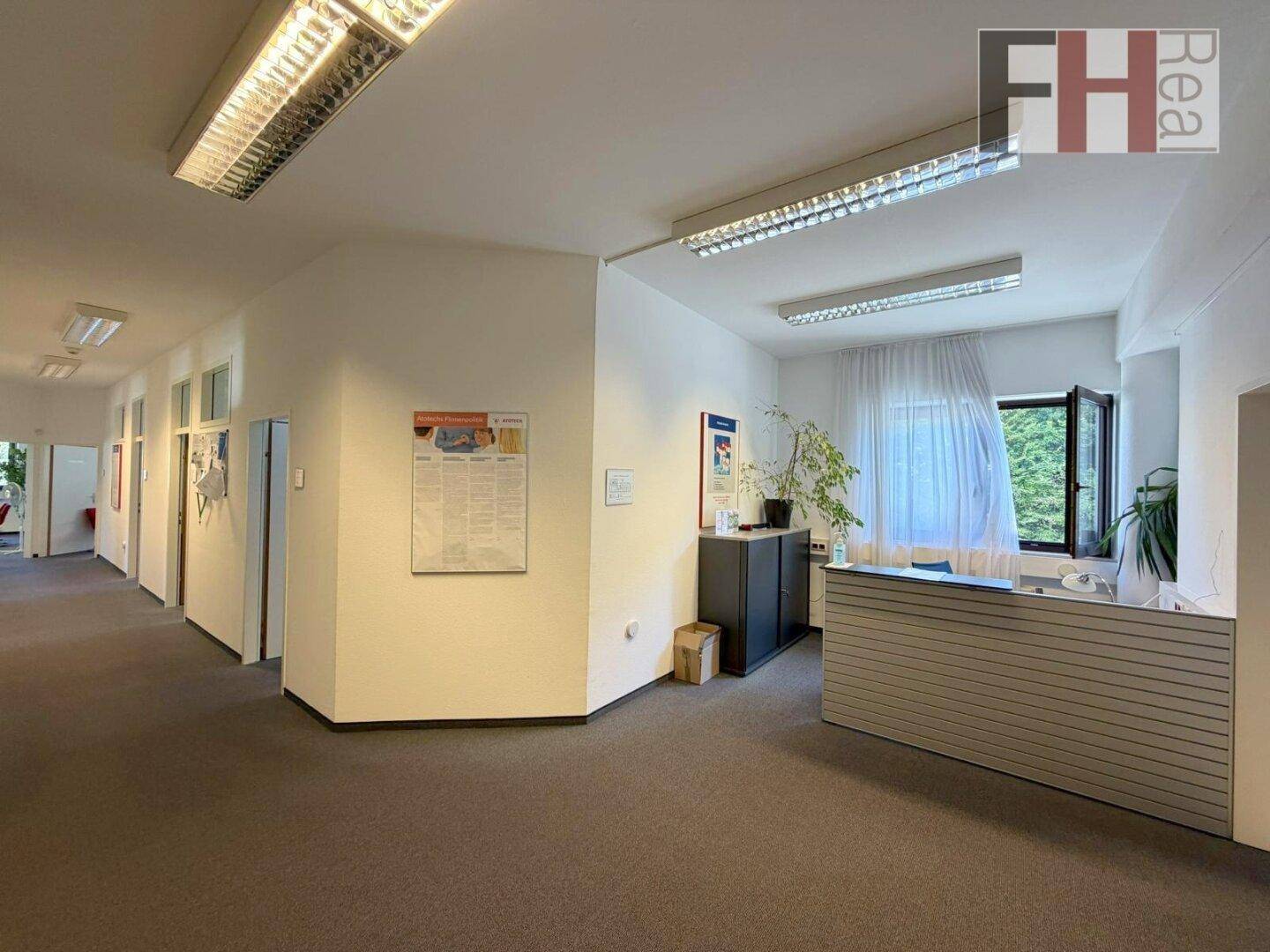 Empfangsbereich mit Theke, Teppichboden und Fenstern, die viel Tageslicht hereinlassen.