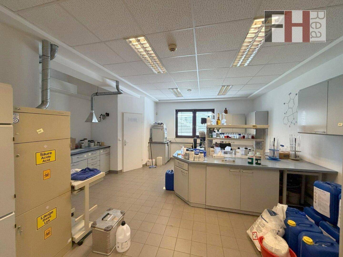 Professionelles Labor mit Fliesenboden, Arbeitsflächen, Abzügen und natürlichem Lichteinfall durch ein Fenster.
