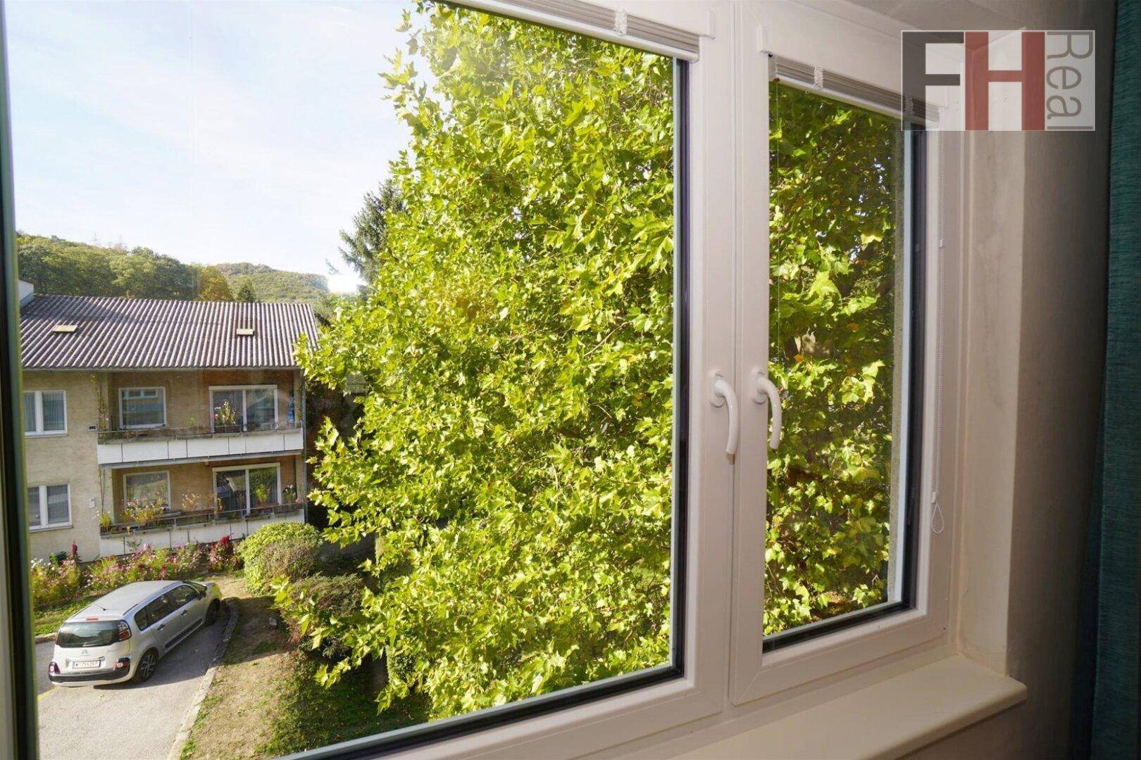 Grüner Ausblick aus dem Fenster auf Bäume und die ruhige Wohngegend.