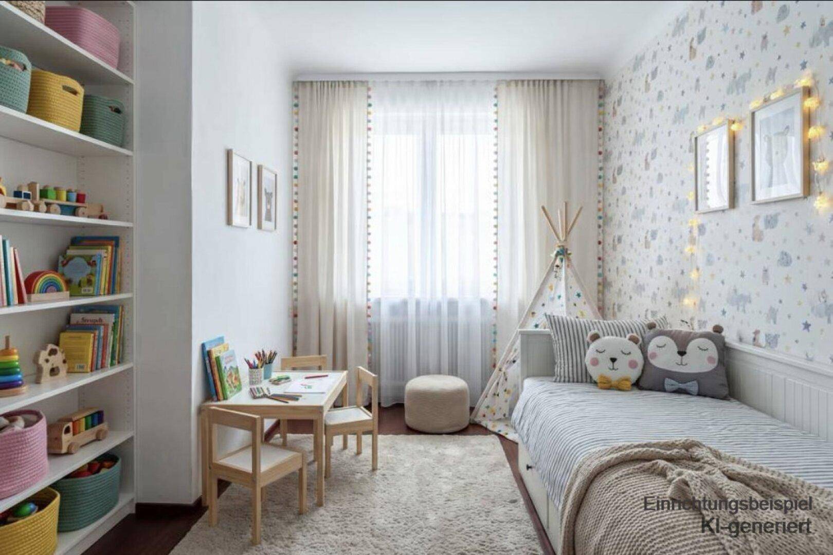 Helles Kinderzimmer mit verspielter Tapete, Einzelbett, Spielbereich und Bücherregal.