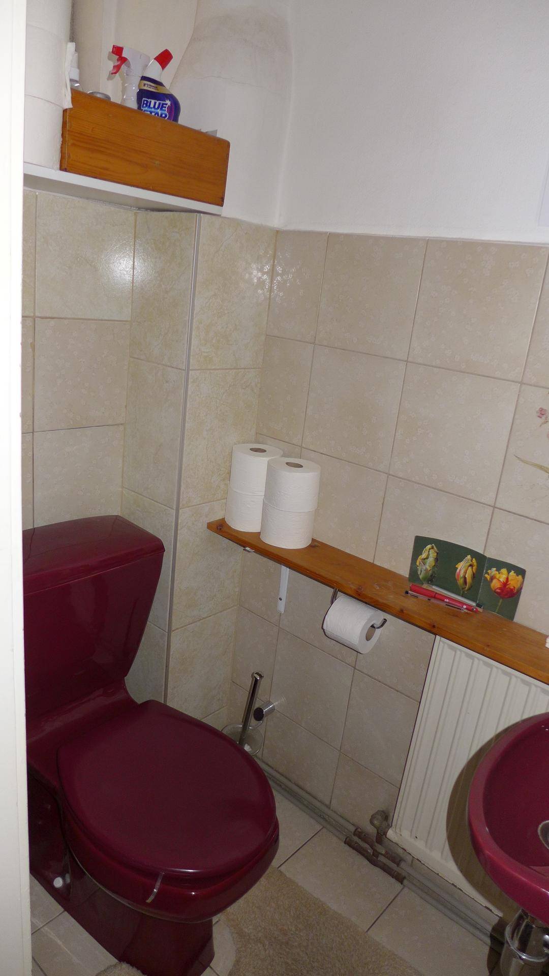 Kleines Gäste-WC mit beigen Fliesen und auffälliger weinroter Toilette und Waschbecken.