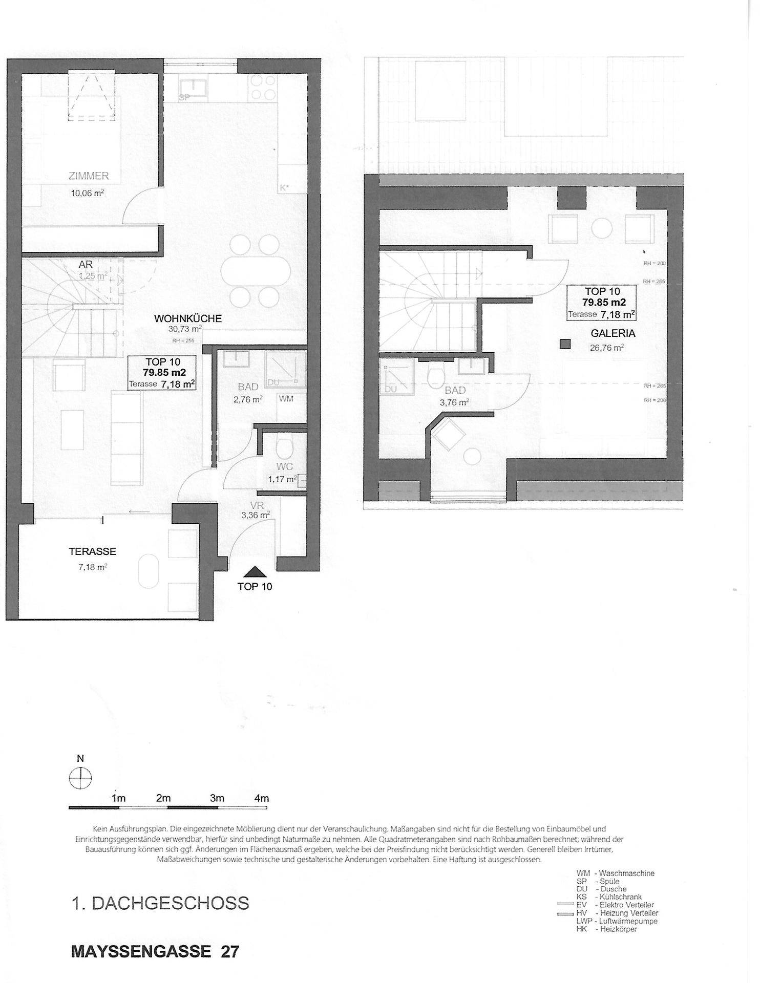 Grundrissplan für Dachgeschoss 1 und 2 von TOP 10 mit Wohnküche, Bad und Terrasse.